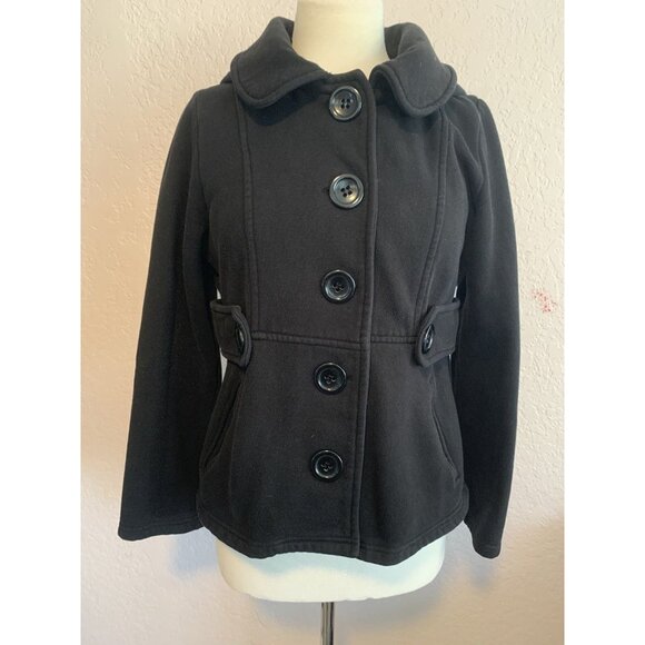 Sebby Black Pea Jacket style Attached Hood Pockets Cropped Size L - Picture 1 of 7